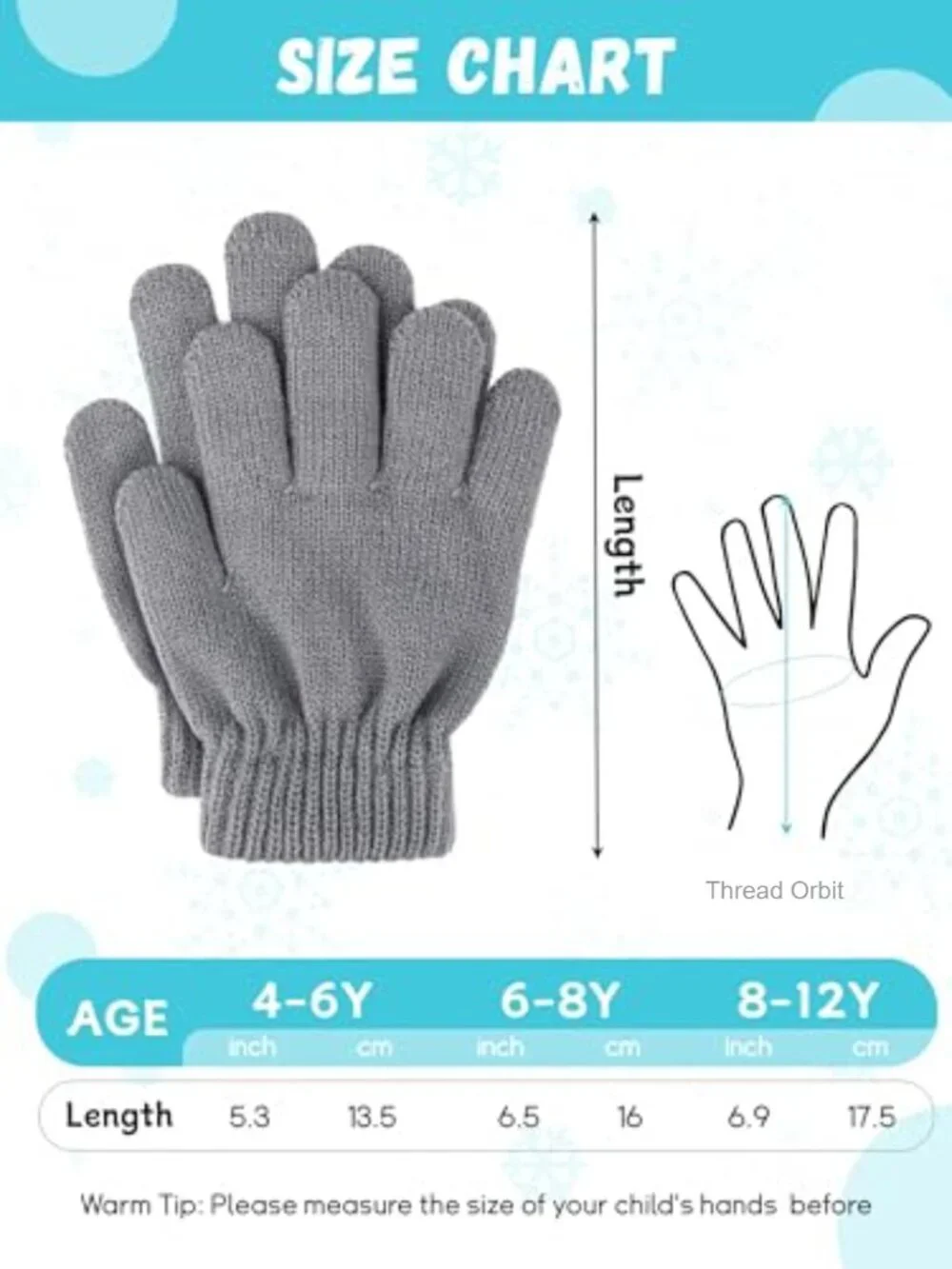 3 Pairs Kids Winter Gloves Thick Knit Stretchy Warm Gloves Boys Girls 4-14 Years